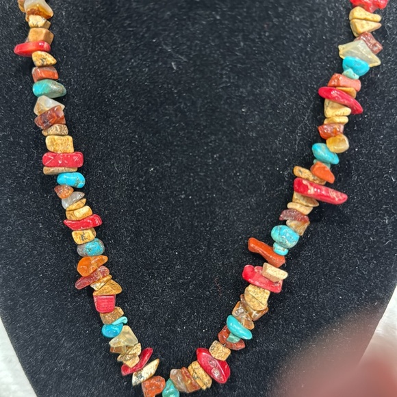 Red Coral, Raw Tiger Eyes, Turquoise & Agate stones Necklace earrings Set! - Picture 5 of 10